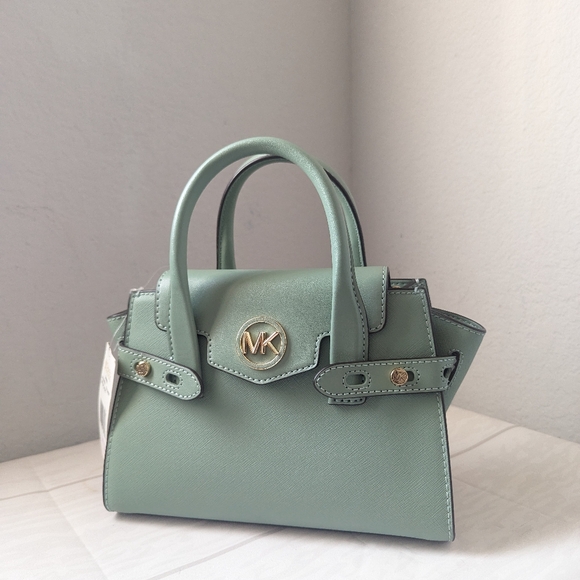 NWT Michael Kors Carmen Small Flap Belted Satchel Crossbody In Sea Green - Picture 2 of 4